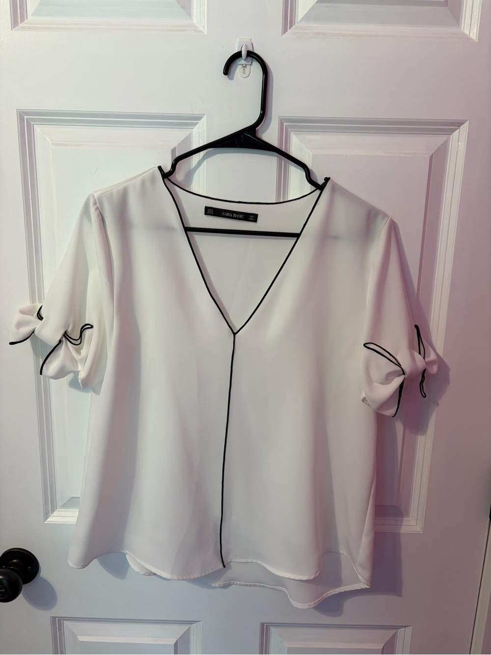 Zara White V-Neck Blouse with Black Trim